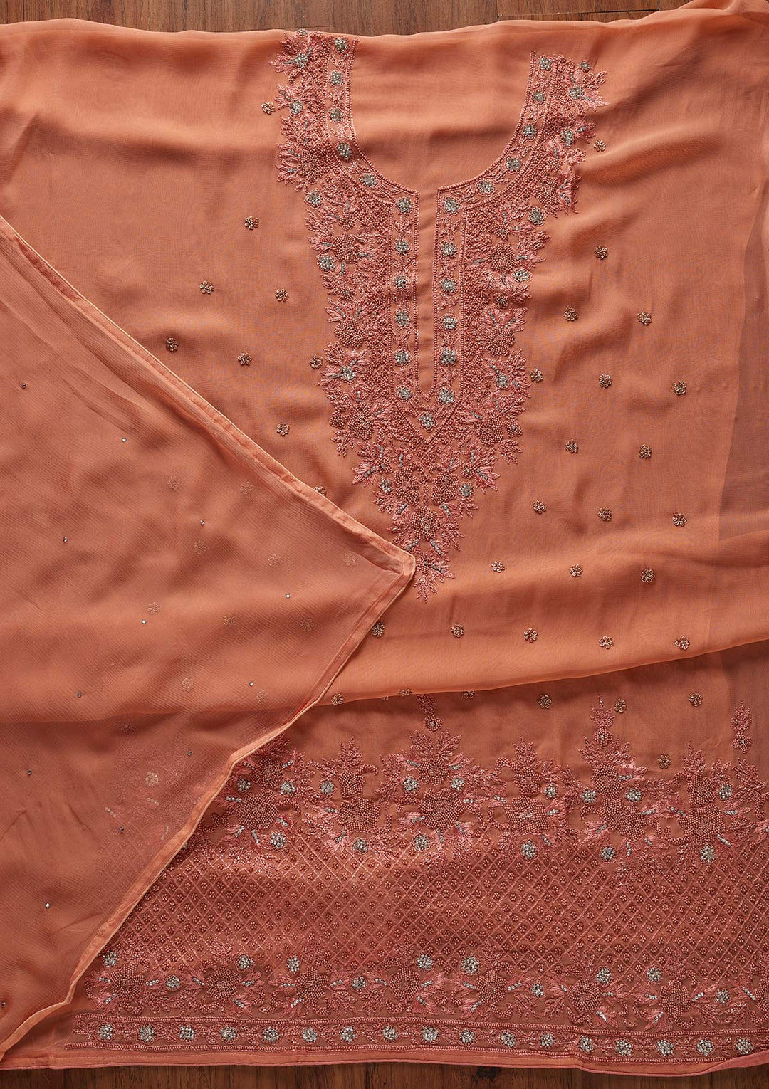 Peach Silver Stonework Georgette Designer Unstitched Salwar Suit - koskii