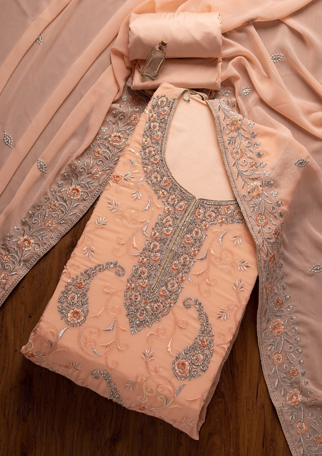 Peach Silver Stonework Georgette Designer Unstitched Salwar Suit - koskii