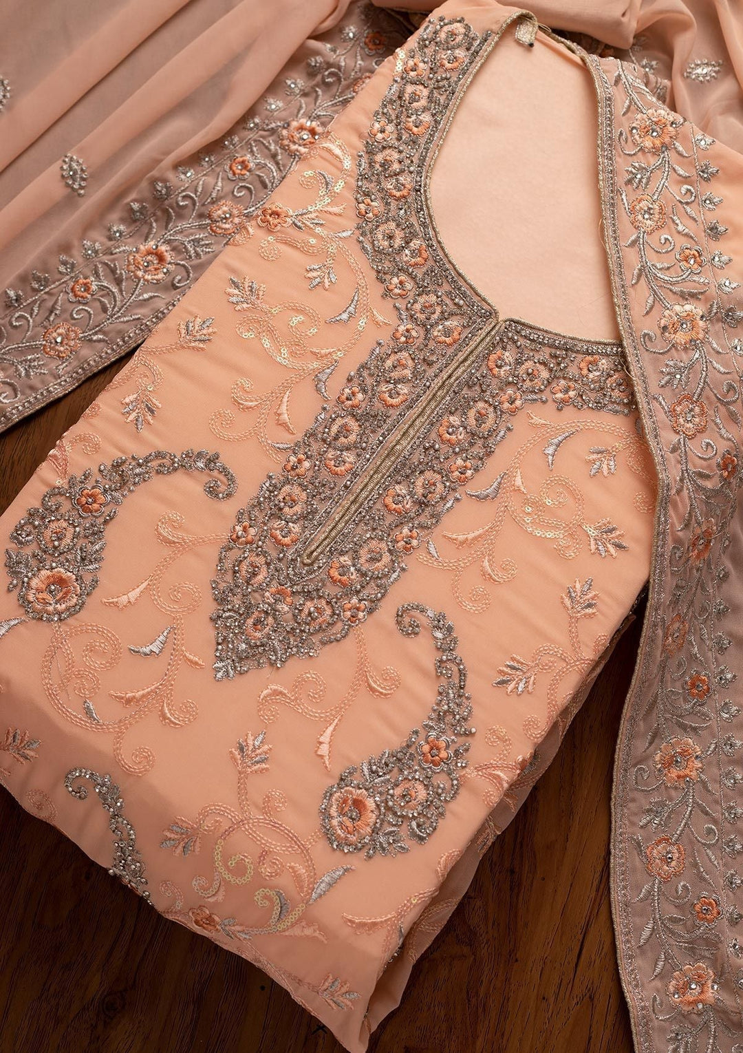 Peach Silver Stonework Georgette Designer Unstitched Salwar Suit - koskii