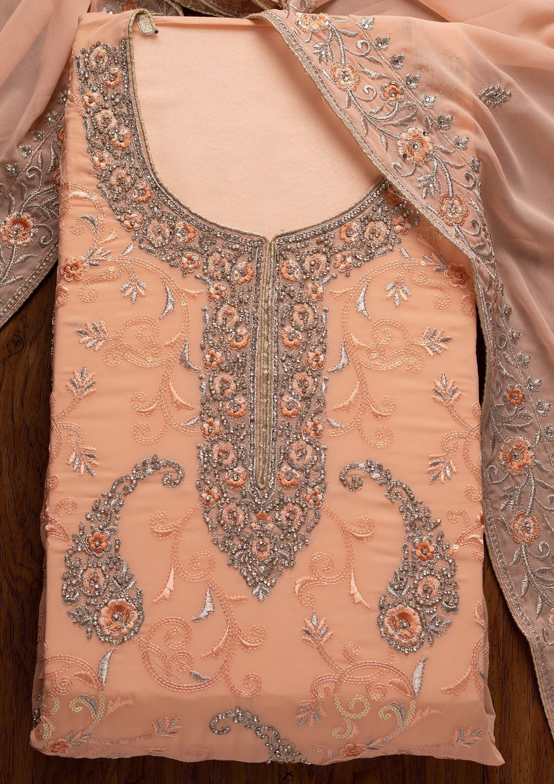 Peach Silver Stonework Georgette Designer Unstitched Salwar Suit - koskii