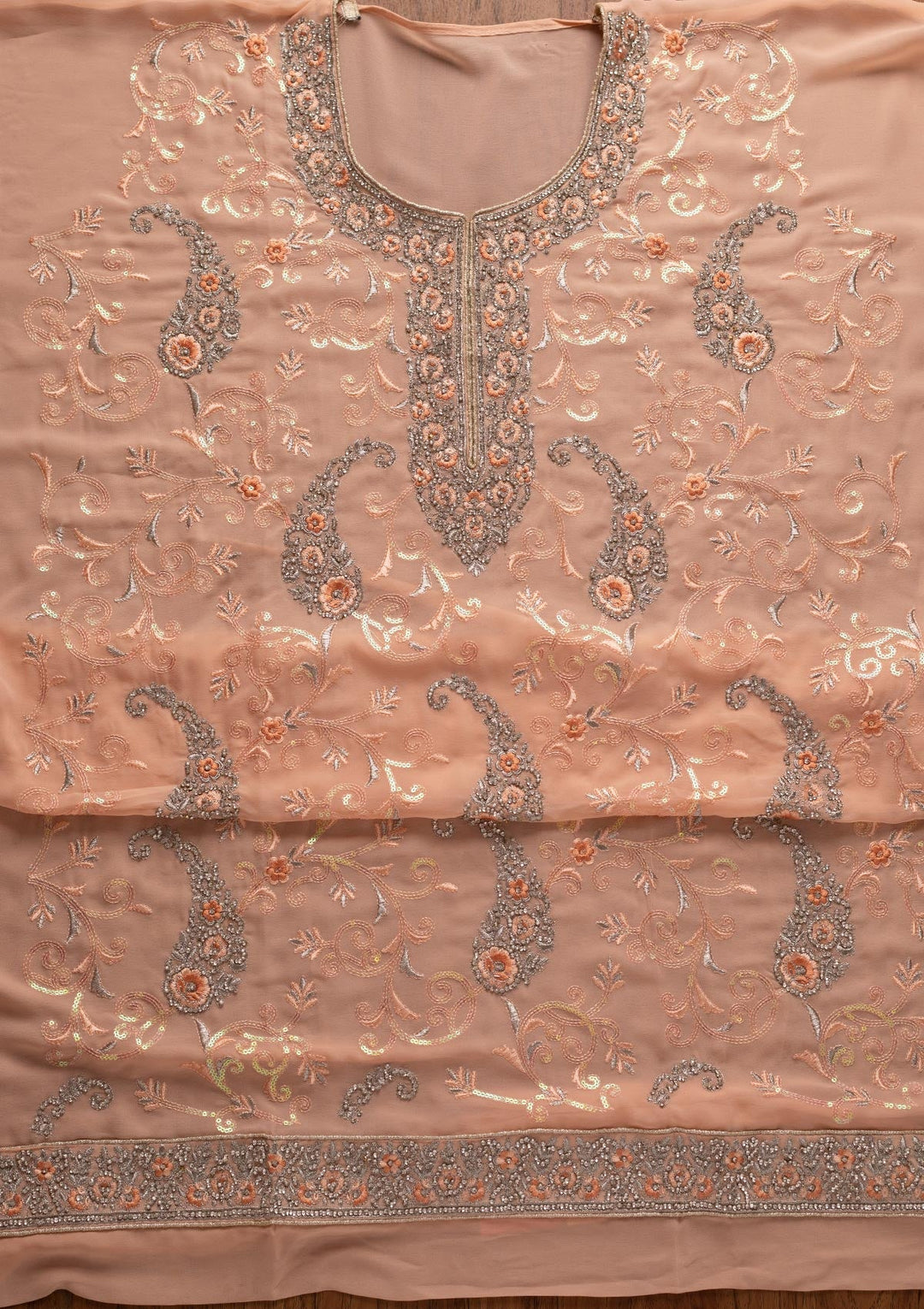 Peach Silver Stonework Georgette Designer Unstitched Salwar Suit - koskii