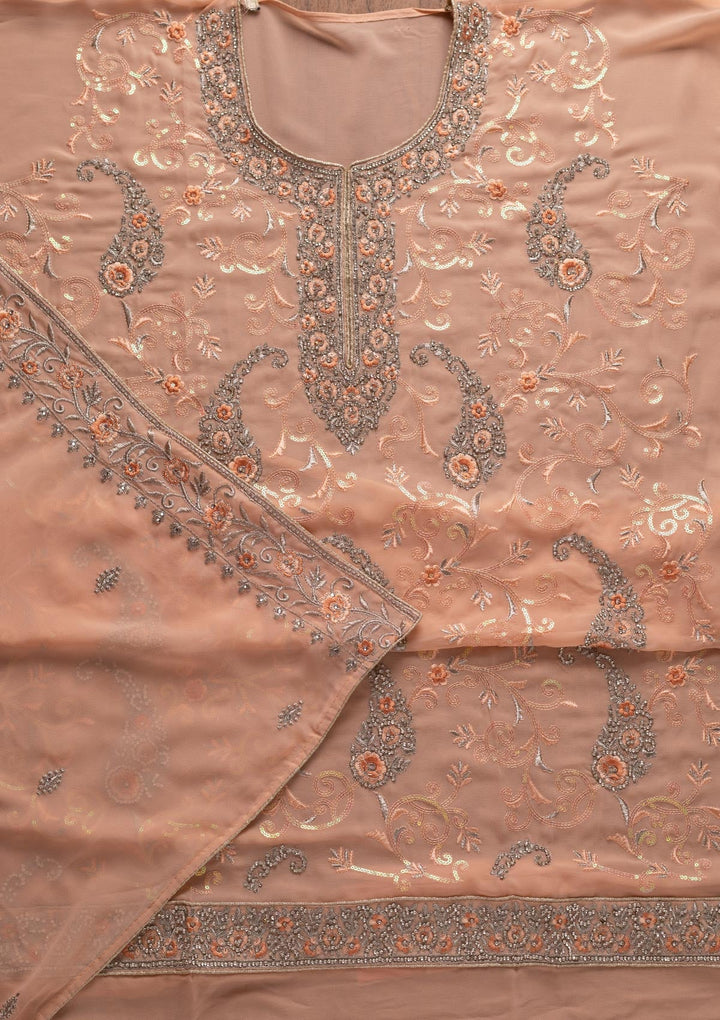 Peach Silver Stonework Georgette Designer Unstitched Salwar Suit - koskii