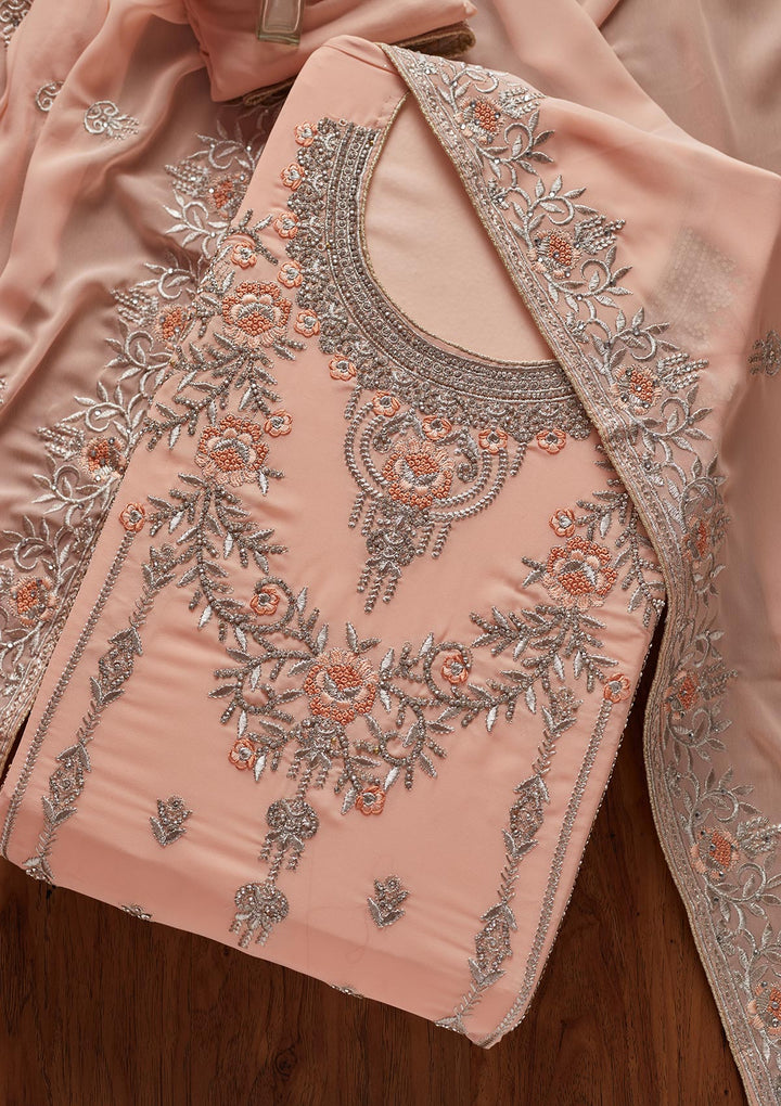 Peach Silver Stonework Georgette Designer Unstitched Salwar Suit - koskii
