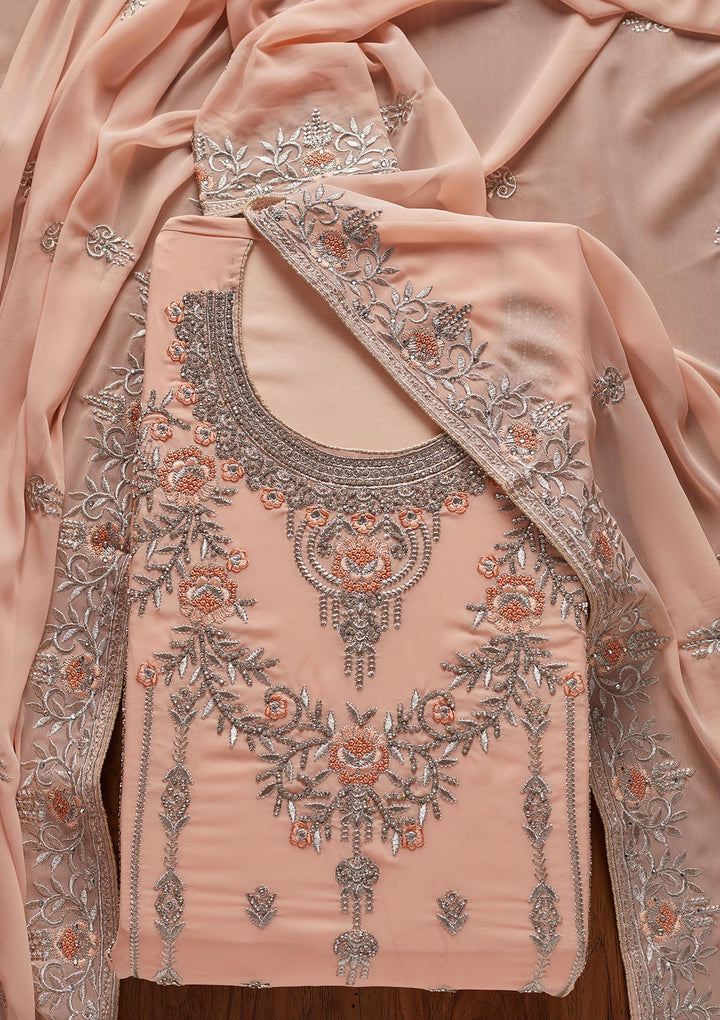 Peach Silver Stonework Georgette Designer Unstitched Salwar Suit - koskii