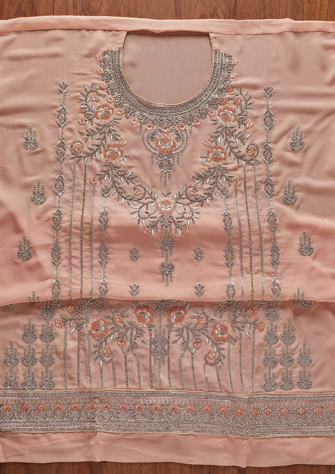Peach Silver Stonework Georgette Designer Unstitched Salwar Suit - koskii