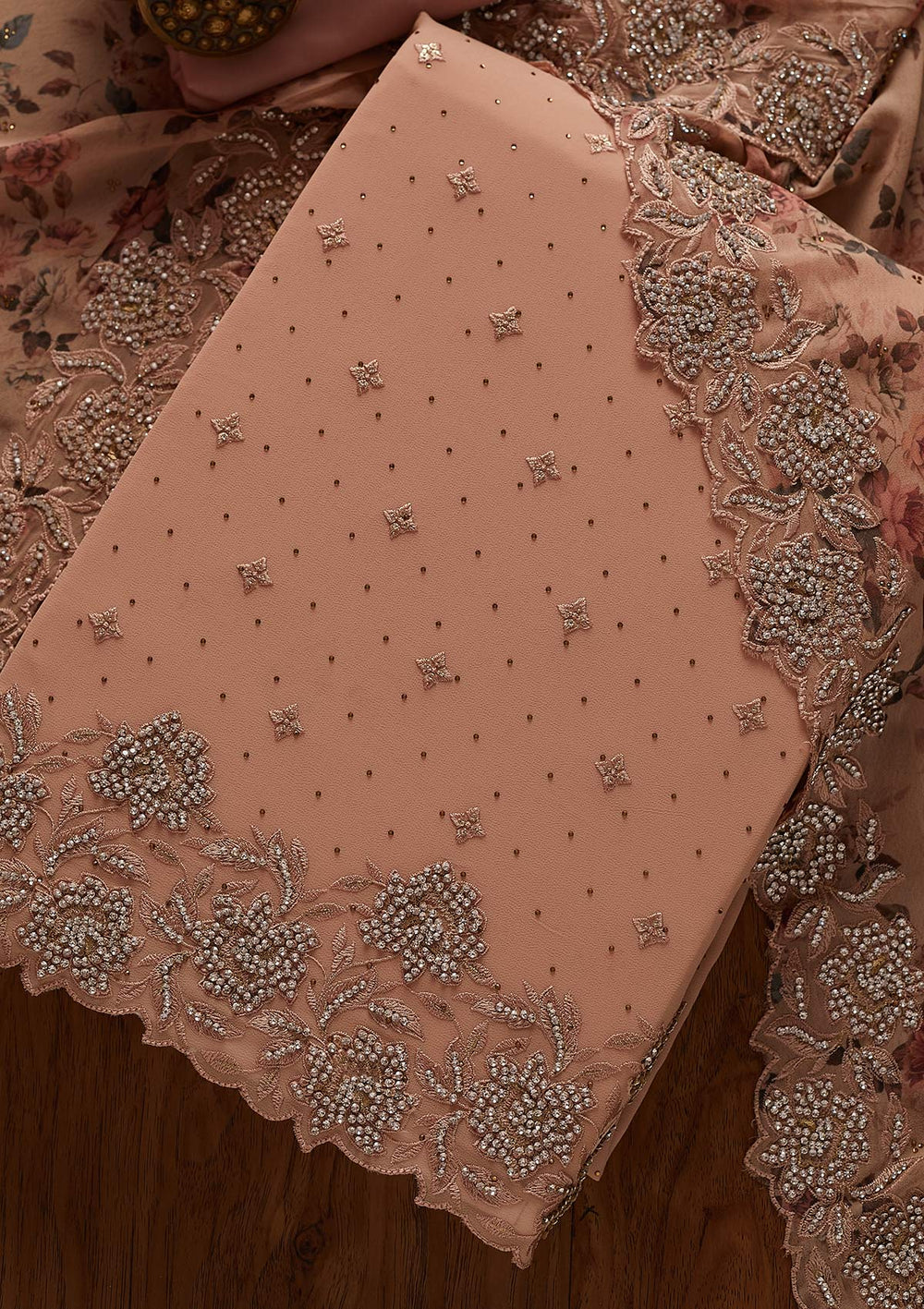Peach Silver Stonework Georgette Designer Unstitched Salwar Suit - koskii
