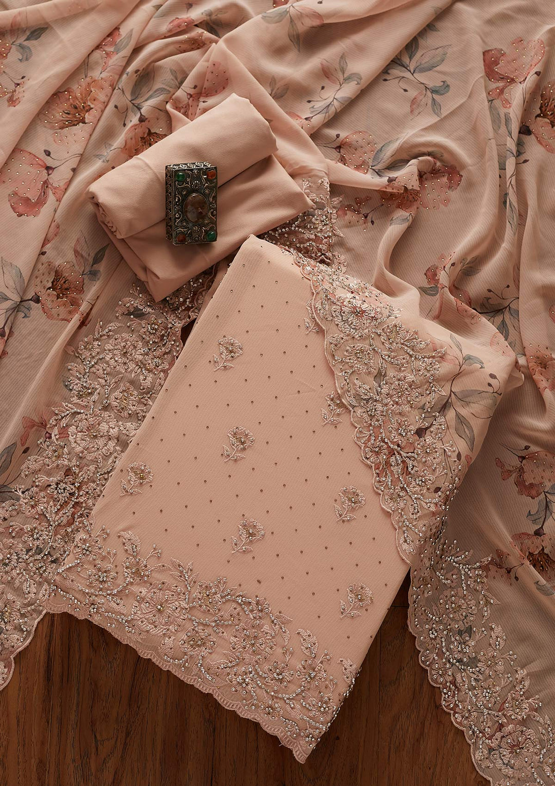 Peach Silver Stonework Georgette Designer Unstitched Salwar Suit - koskii