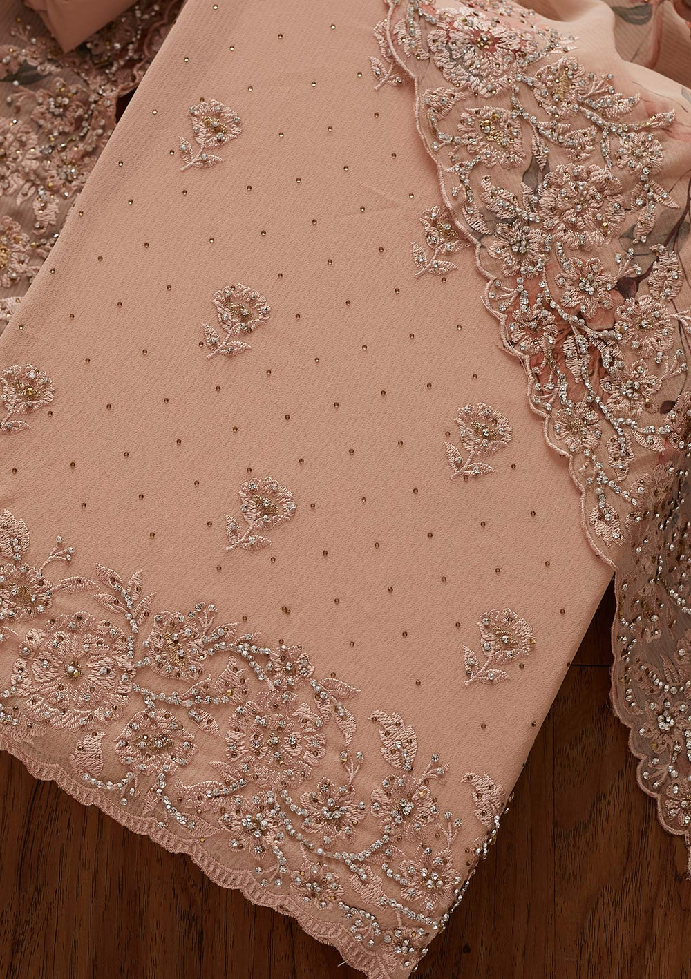 Peach Silver Stonework Georgette Designer Unstitched Salwar Suit - koskii