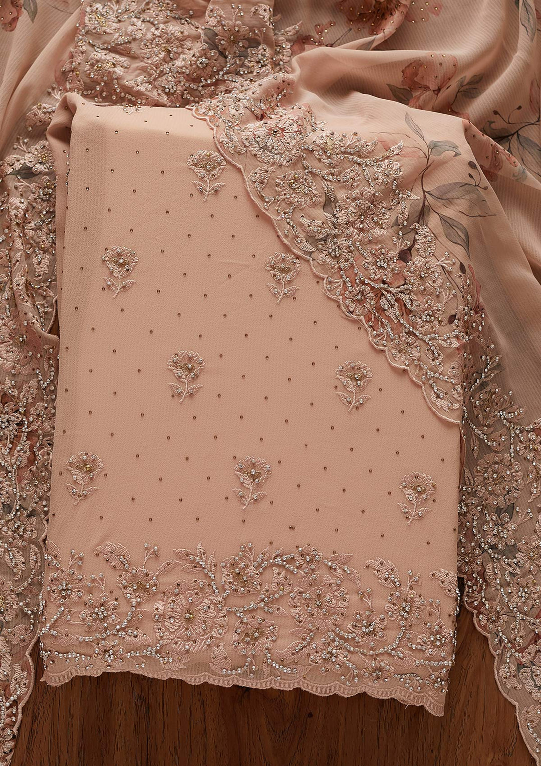 Peach Silver Stonework Georgette Designer Unstitched Salwar Suit - koskii