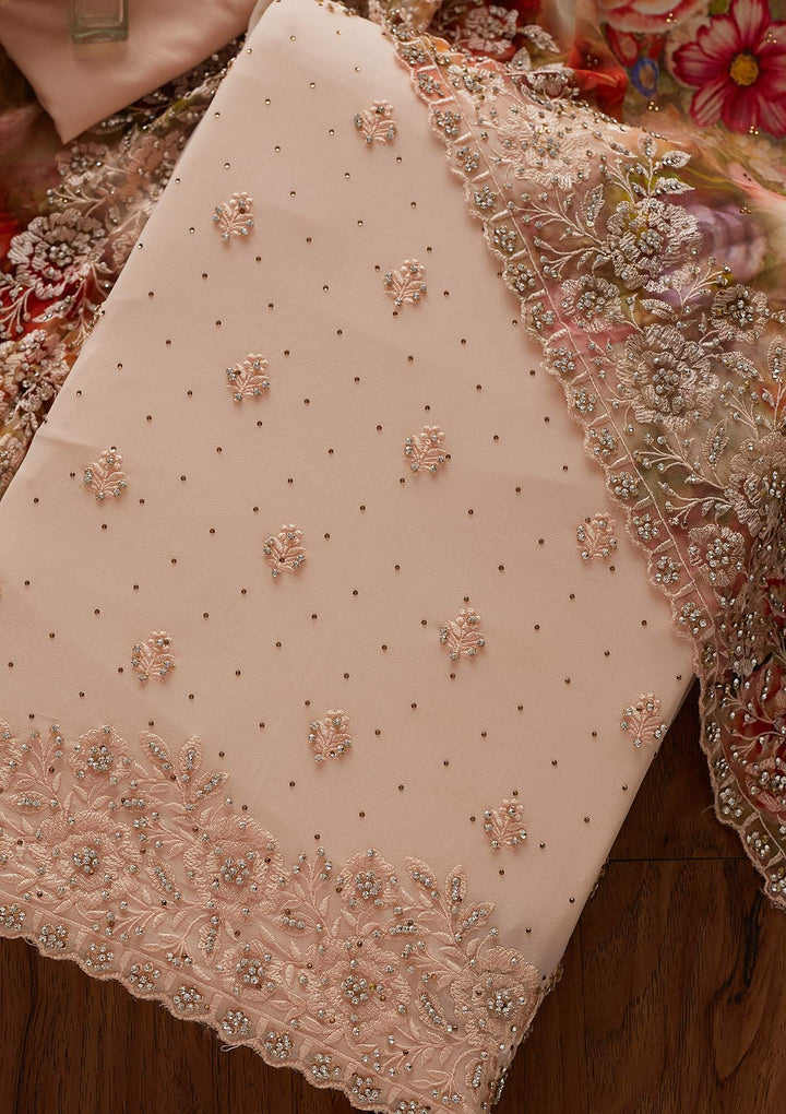 Peach Silver Stonework Georgette Designer Unstitched Salwar Suit - koskii