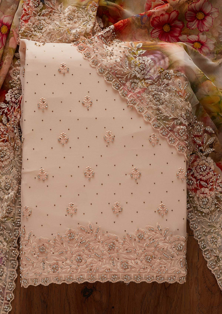Peach Silver Stonework Georgette Designer Unstitched Salwar Suit - koskii
