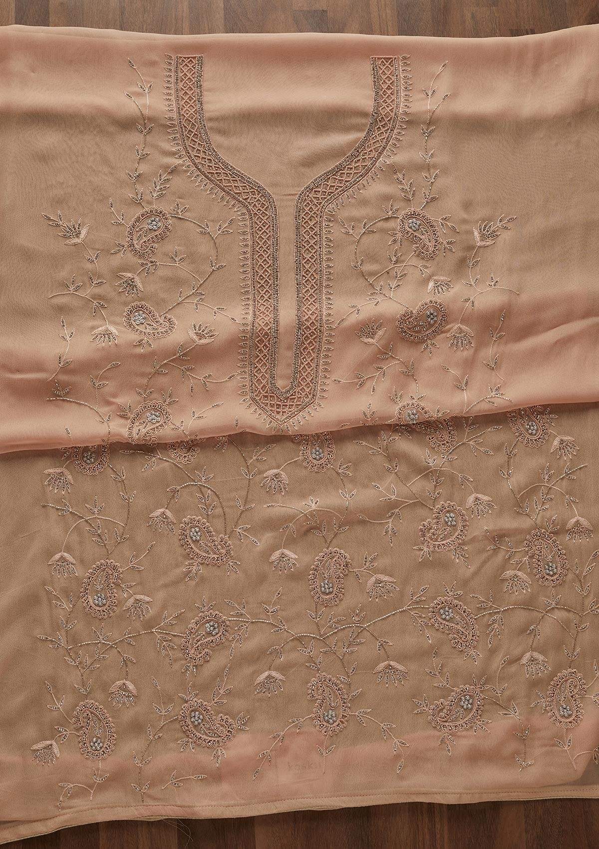 Peach Silver Stonework Georgette Designer Unstitched Salwar Suit - Koskii