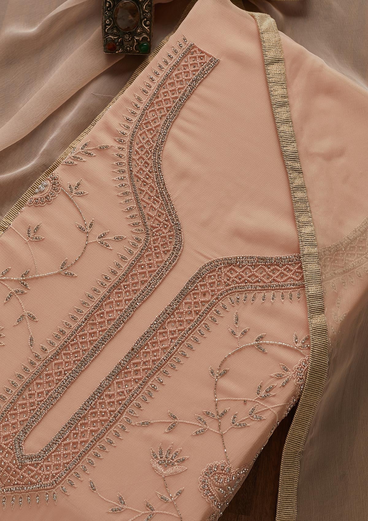 Peach Silver Stonework Georgette Designer Unstitched Salwar Suit - Koskii