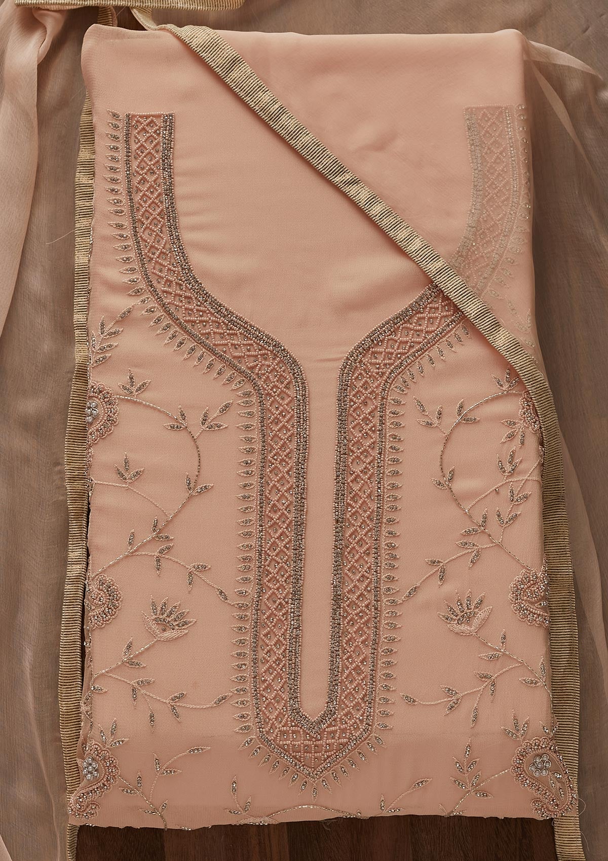 Peach Silver Stonework Georgette Designer Unstitched Salwar Suit - Koskii