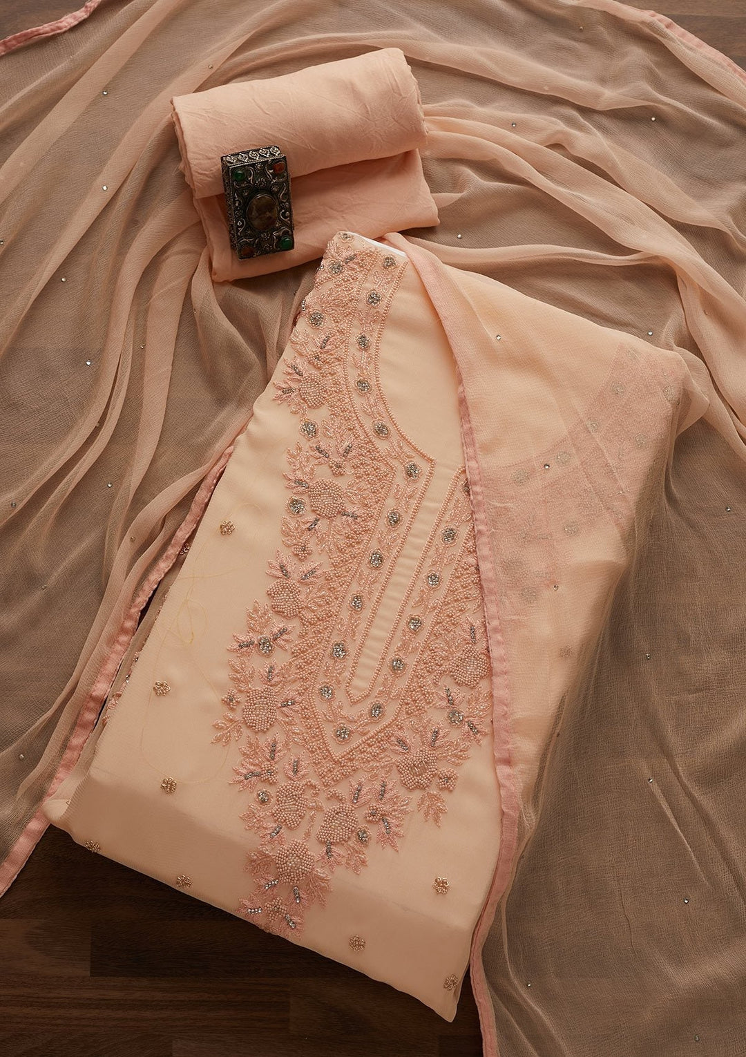 Peach Silver Stonework Georgette Designer Unstitched Salwar Suit - Koskii