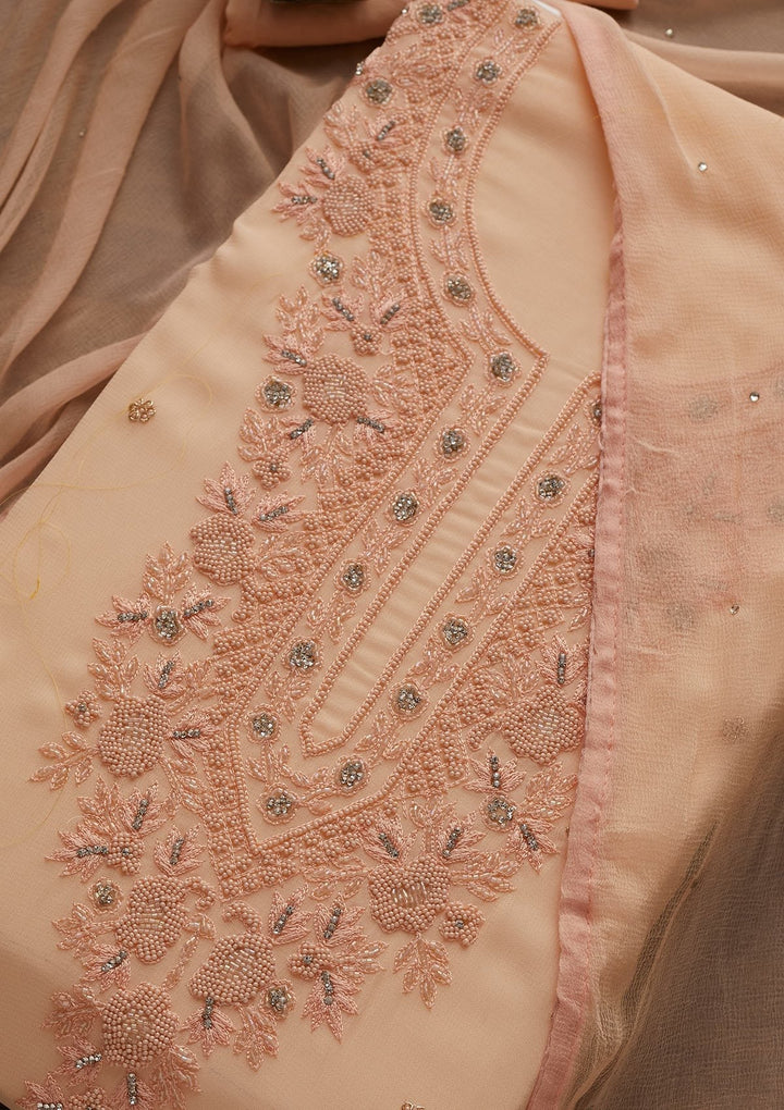 Peach Silver Stonework Georgette Designer Unstitched Salwar Suit - Koskii