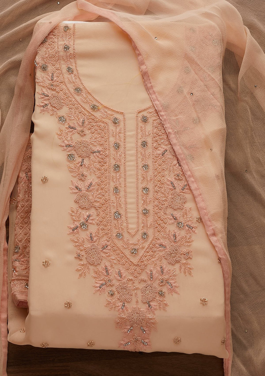 Peach Silver Stonework Georgette Designer Unstitched Salwar Suit - Koskii