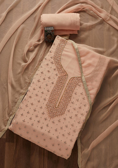 Peach Silver Stonework Georgette Designer Unstitched Salwar Suit - Koskii