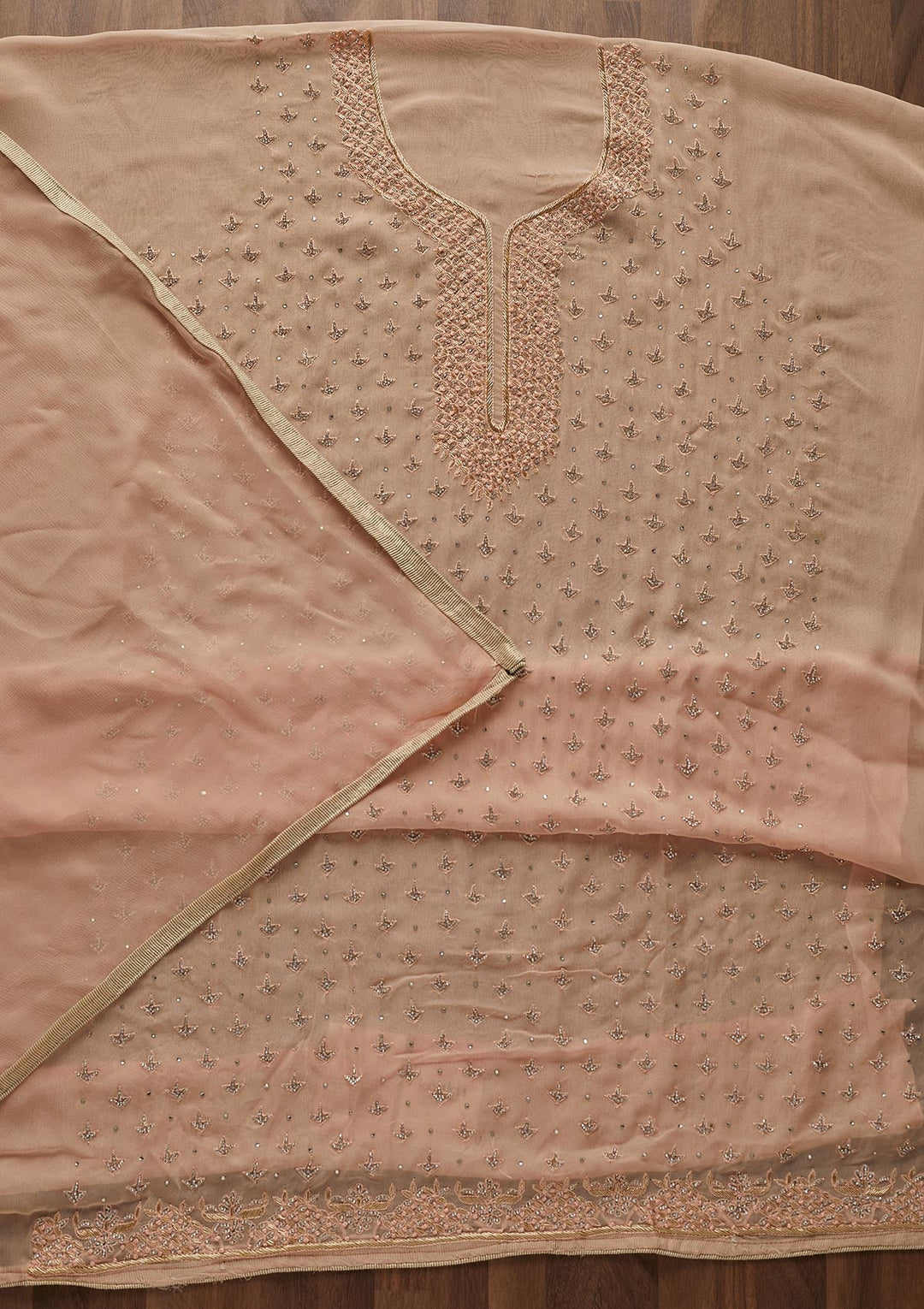Peach Silver Stonework Georgette Designer Unstitched Salwar Suit - Koskii