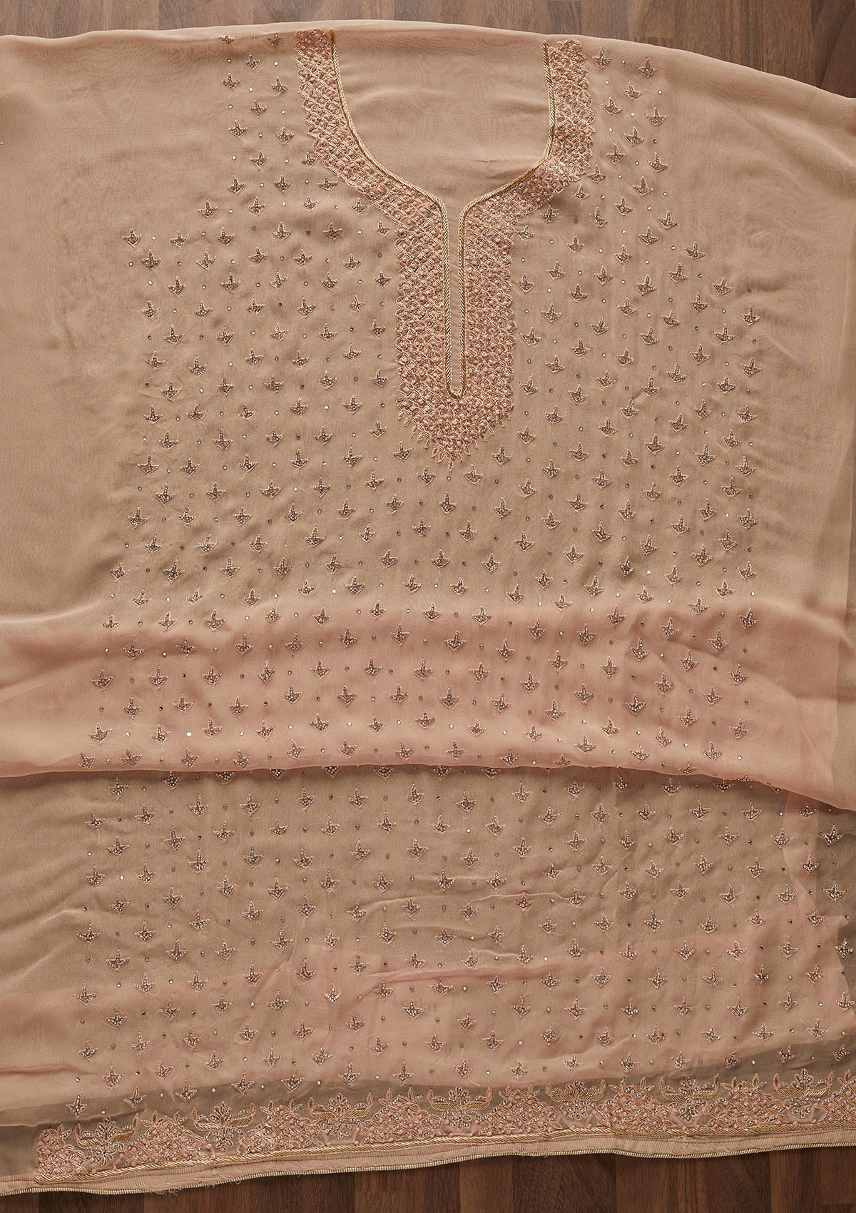 Peach Silver Stonework Georgette Designer Unstitched Salwar Suit - Koskii