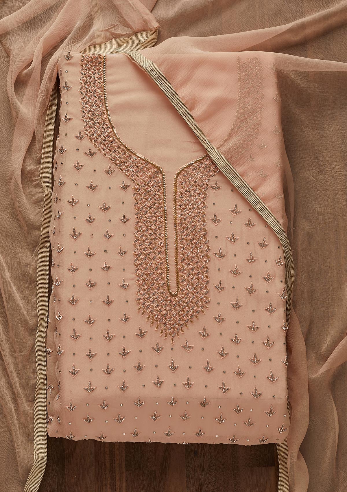 Peach Silver Stonework Georgette Designer Unstitched Salwar Suit - Koskii