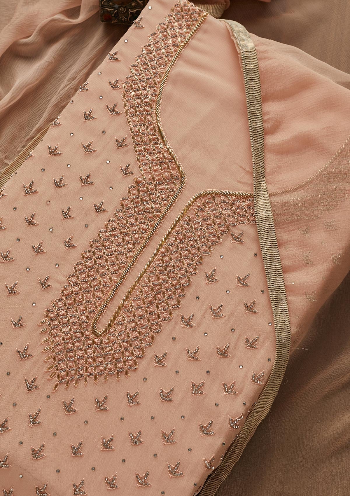 Peach Silver Stonework Georgette Designer Unstitched Salwar Suit - Koskii