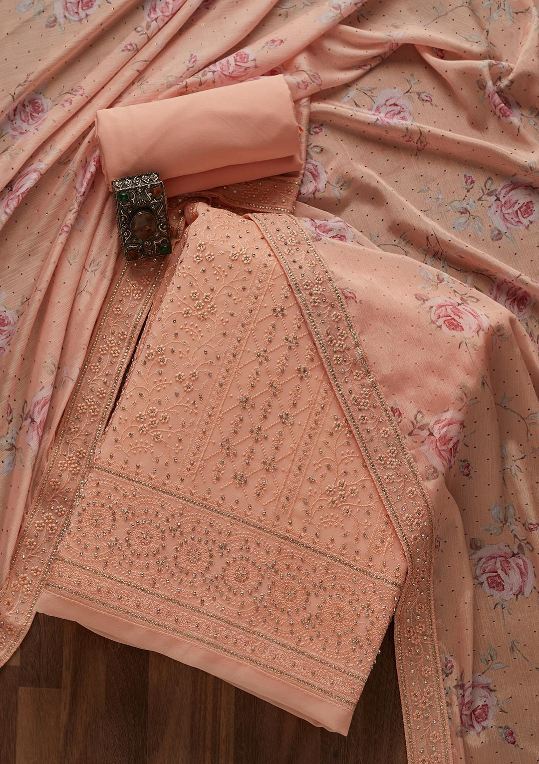 Peach Silver Stonework Georgette Designer Unstitched Salwar Suit - Koskii