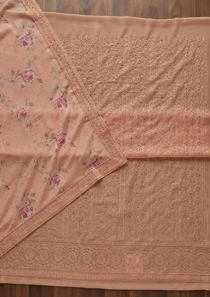 Peach Silver Stonework Georgette Designer Unstitched Salwar Suit - Koskii