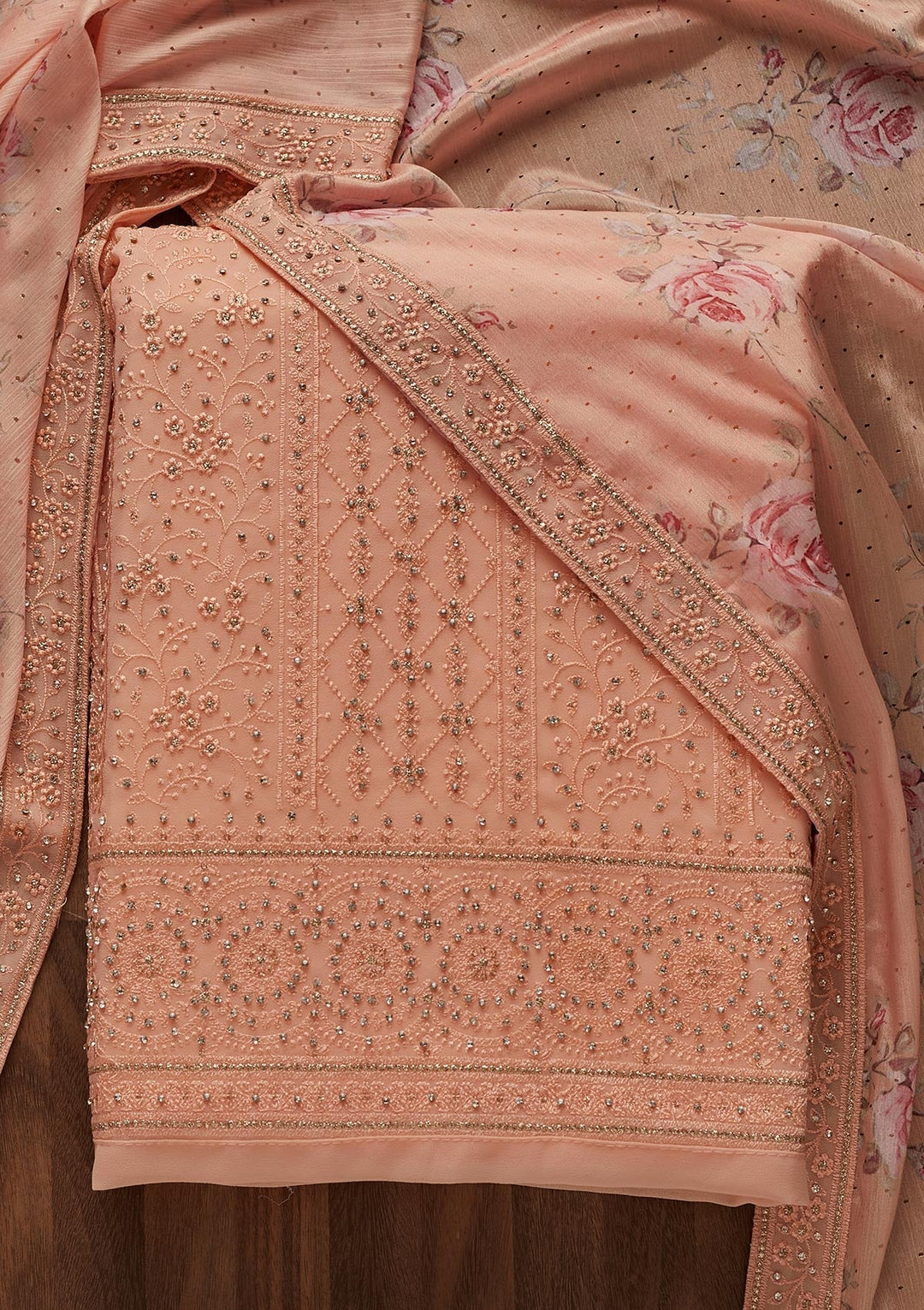 Peach Silver Stonework Georgette Designer Unstitched Salwar Suit - Koskii