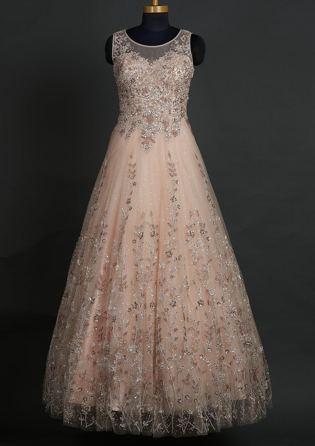 Peach Silver Stonework Net Designer Gown - koskii