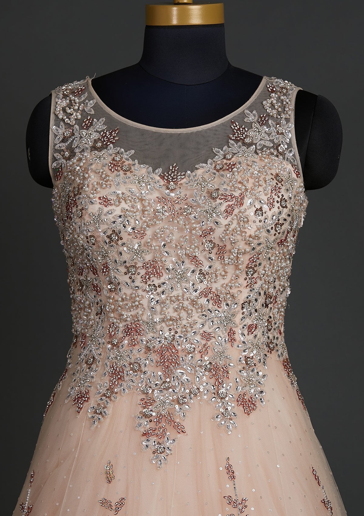 Peach Silver Stonework Net Designer Gown - koskii