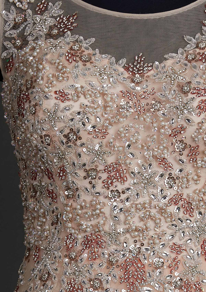Peach Silver Stonework Net Designer Gown - koskii