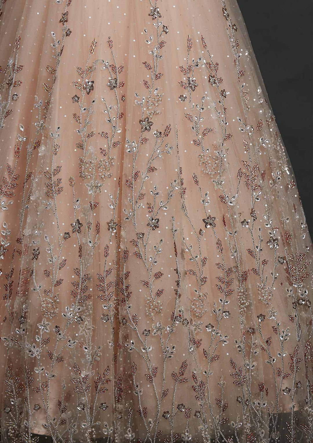 Peach Silver Stonework Net Designer Gown - koskii