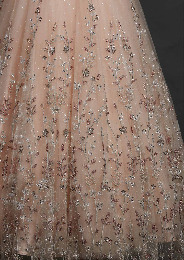 Peach Silver Stonework Net Designer Gown - koskii