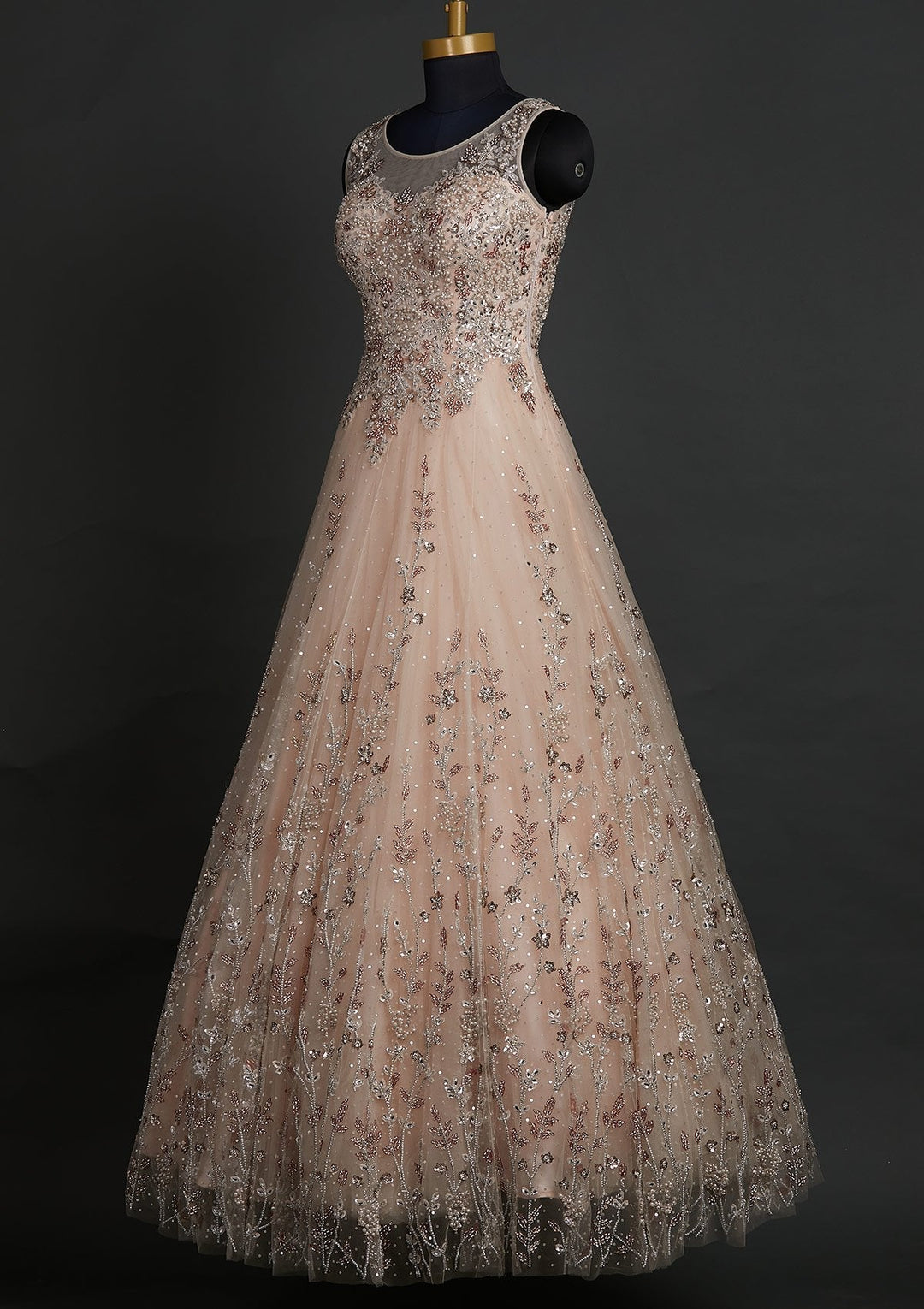 Peach Silver Stonework Net Designer Gown - koskii