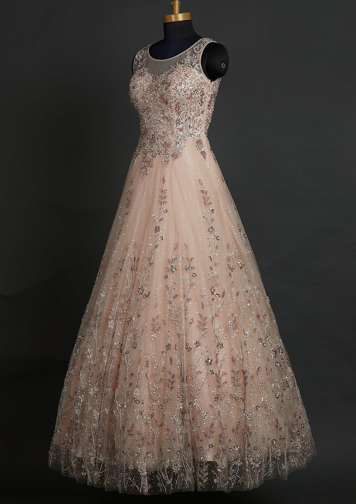 Peach Silver Stonework Net Designer Gown - koskii