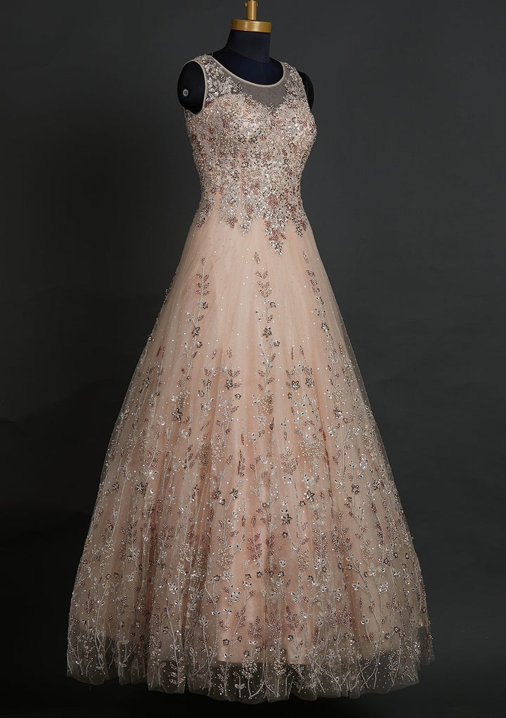 Peach Silver Stonework Net Designer Gown - koskii