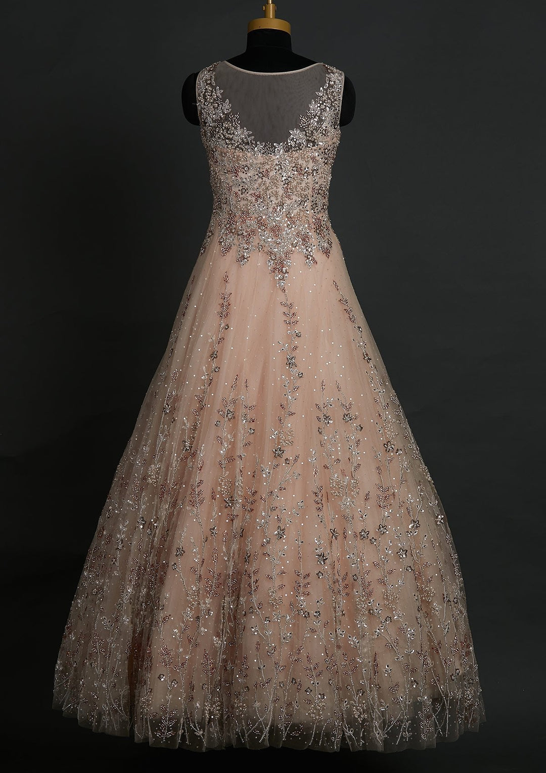 Peach Silver Stonework Net Designer Gown - koskii