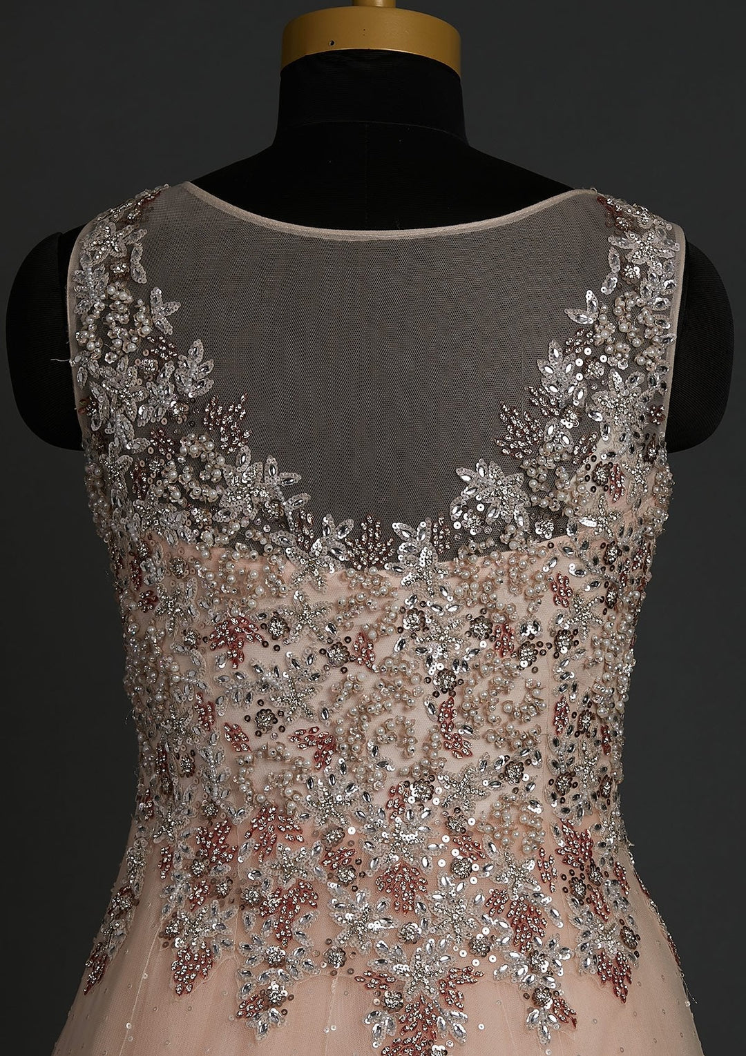 Peach Silver Stonework Net Designer Gown - koskii