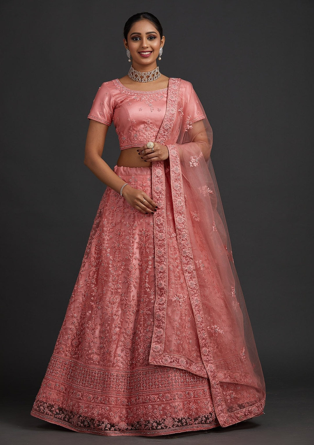 Peach Silver Stonework Net Designer Semi-Stitched Lehenga - koskii