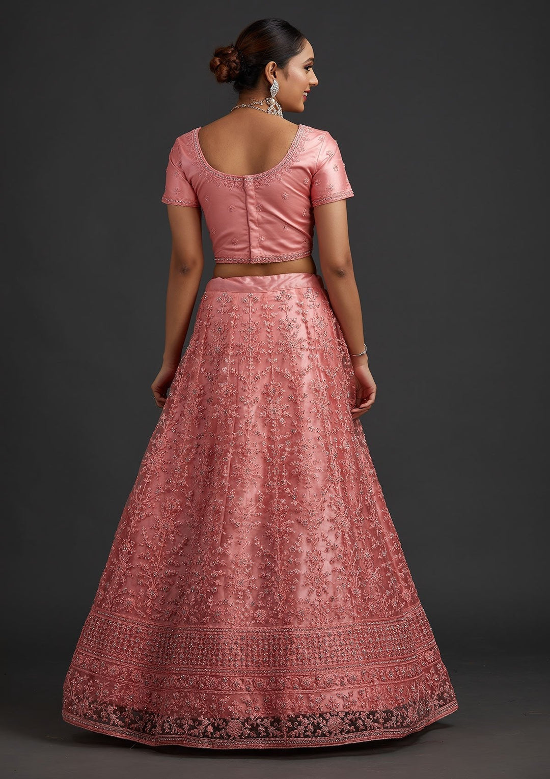 Peach Silver Stonework Net Designer Semi-Stitched Lehenga - koskii