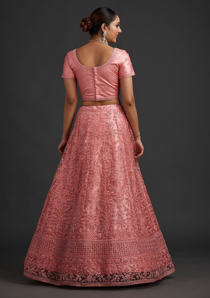Peach Silver Stonework Net Designer Semi-Stitched Lehenga - koskii