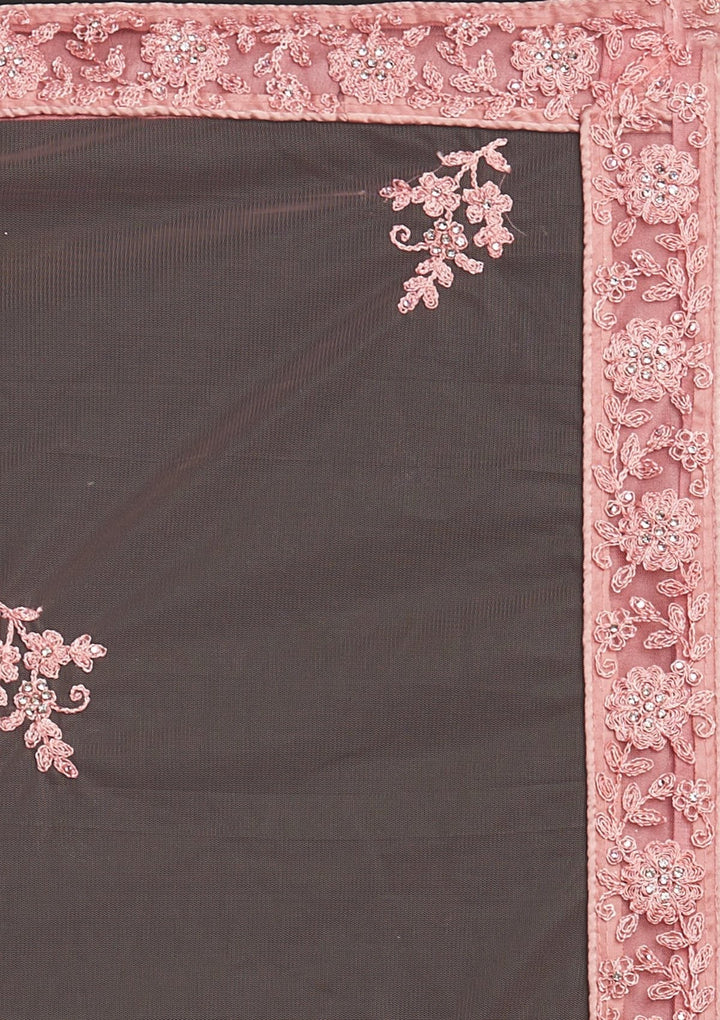 Peach Silver Stonework Net Designer Semi-Stitched Lehenga - koskii