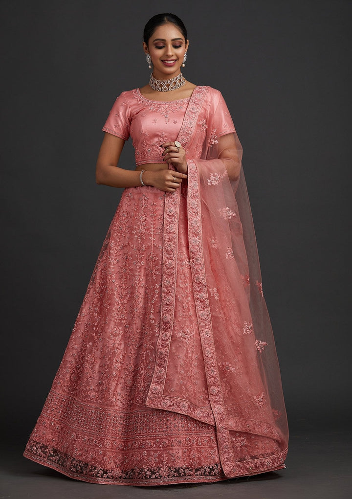 Peach Silver Stonework Net Designer Semi-Stitched Lehenga - koskii