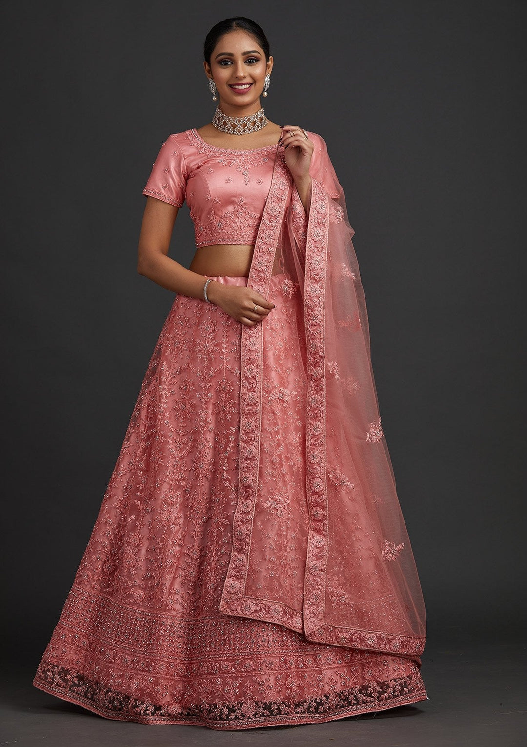 Peach Silver Stonework Net Designer Semi-Stitched Lehenga - koskii