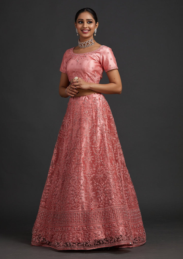 Peach Silver Stonework Net Designer Semi-Stitched Lehenga - koskii