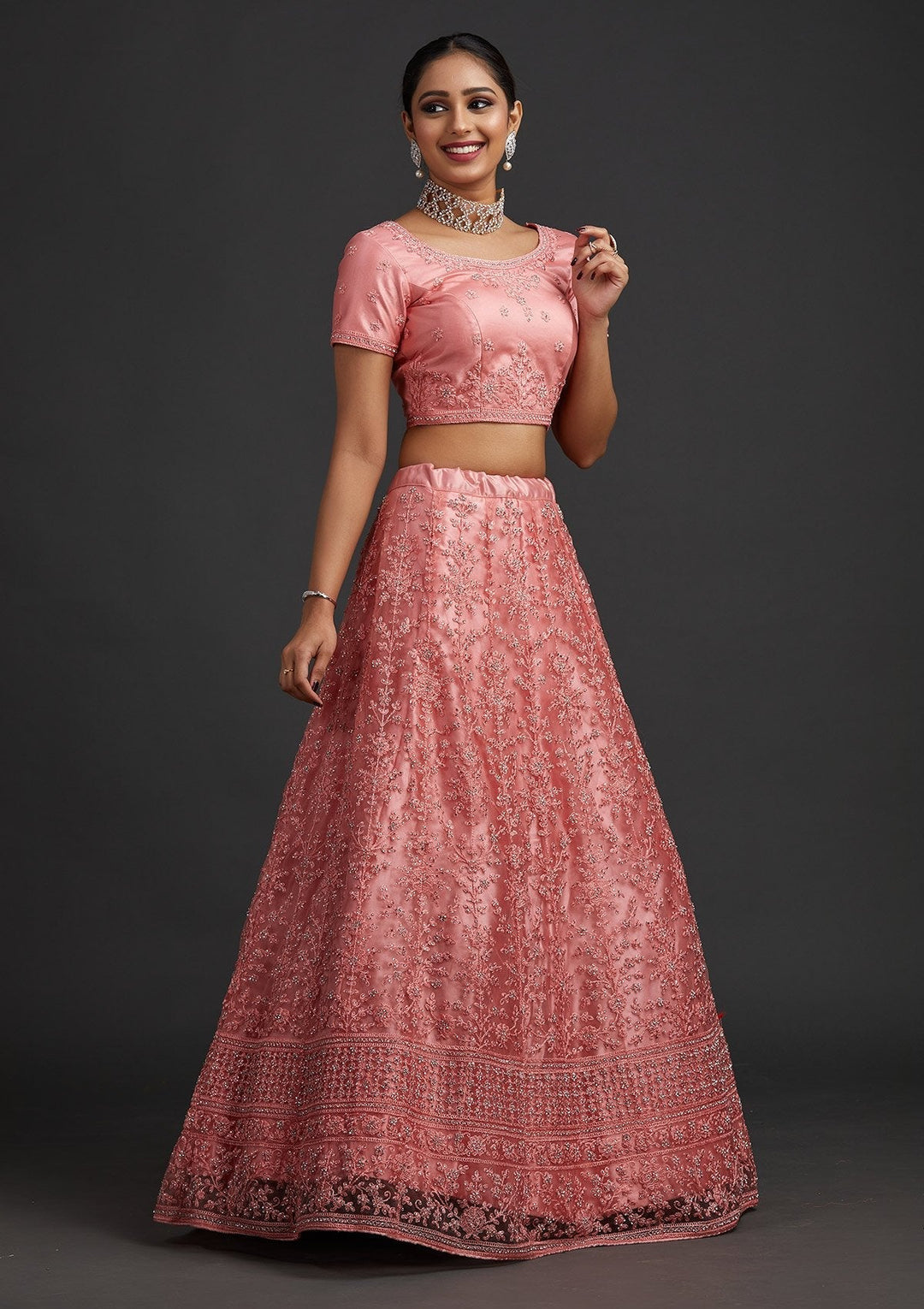 Peach Silver Stonework Net Designer Semi-Stitched Lehenga - koskii
