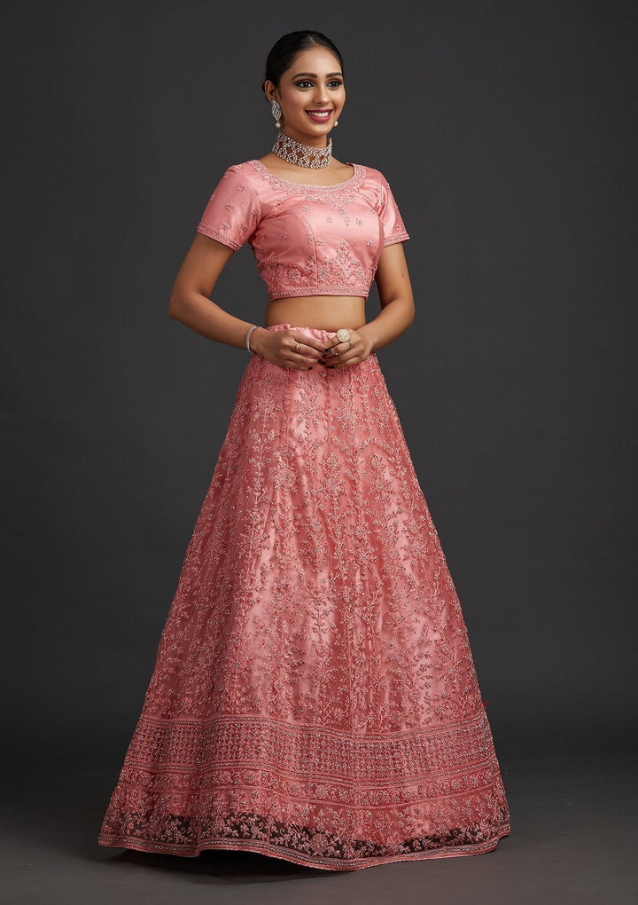 Peach Silver Stonework Net Designer Semi-Stitched Lehenga - koskii