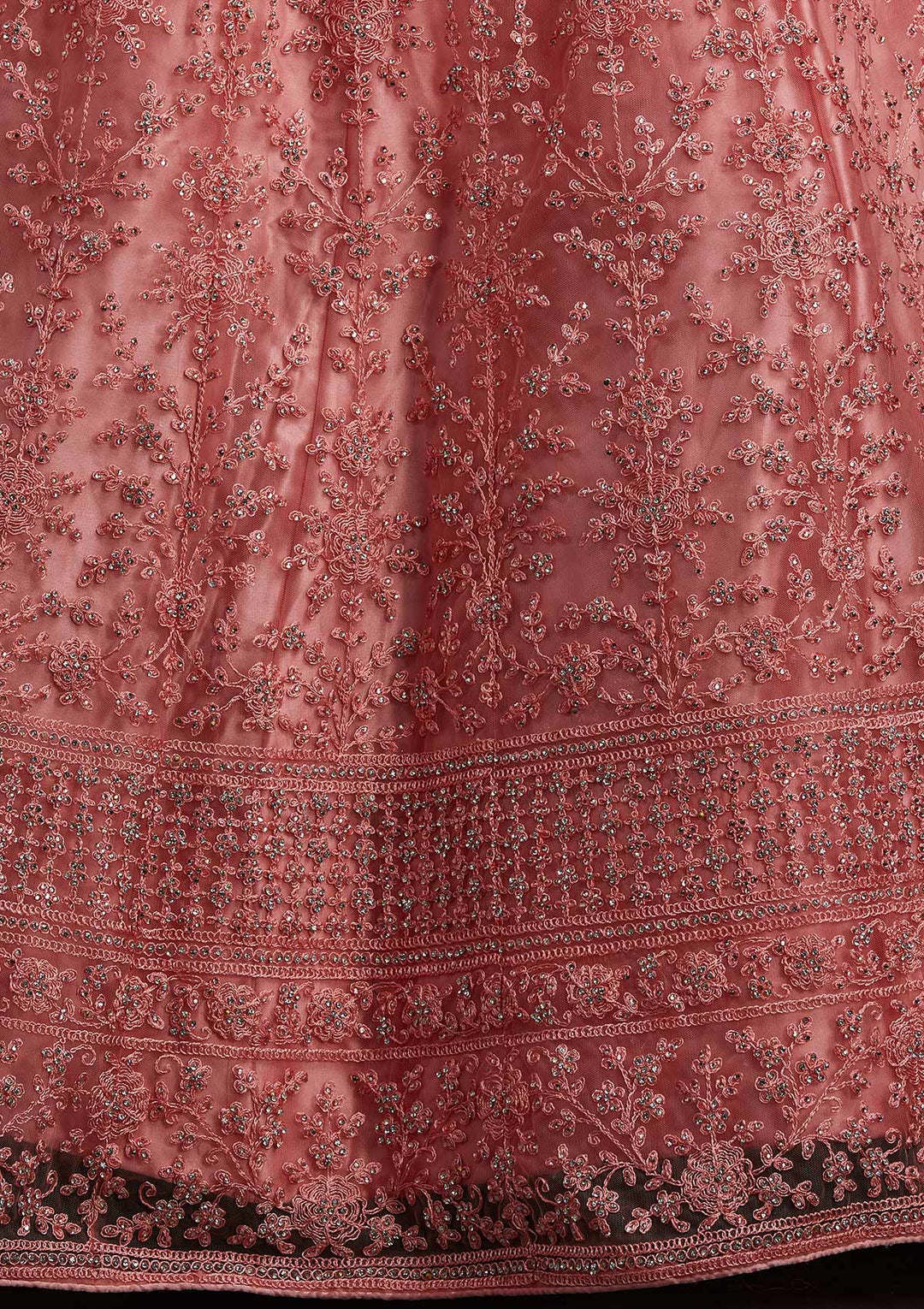 Peach Silver Stonework Net Designer Semi-Stitched Lehenga - koskii