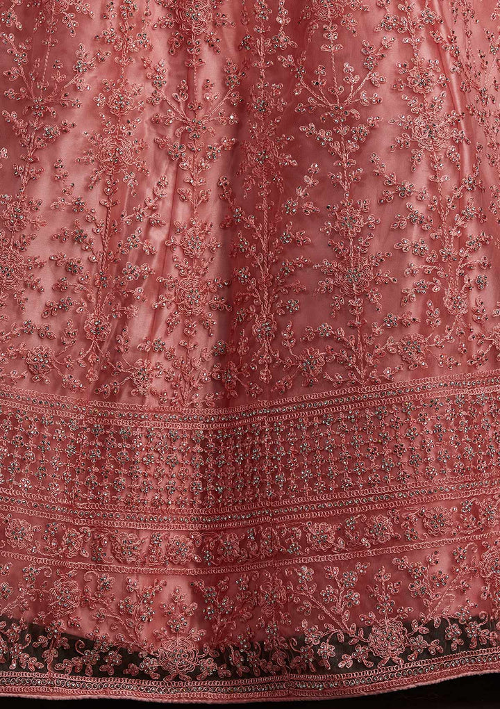Peach Silver Stonework Net Designer Semi-Stitched Lehenga - koskii